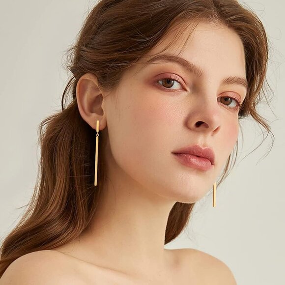 Long Metal Bar Dangle Drop Earrings for Women Minimalist Vertical Bar Earrings - Picture 2 of 6